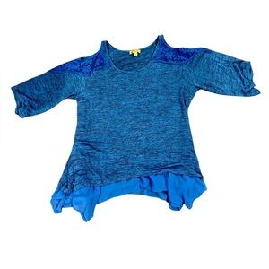 NWT Unity World Wear Blue Cold Shoulder Ruffle Embroidered Top Size 2X.